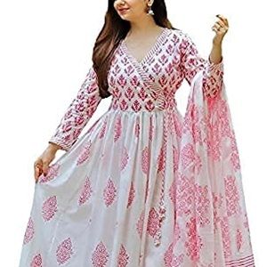 Women's Cotton Printed White Anarkali Kurta with Palazzo & Dupatta Set